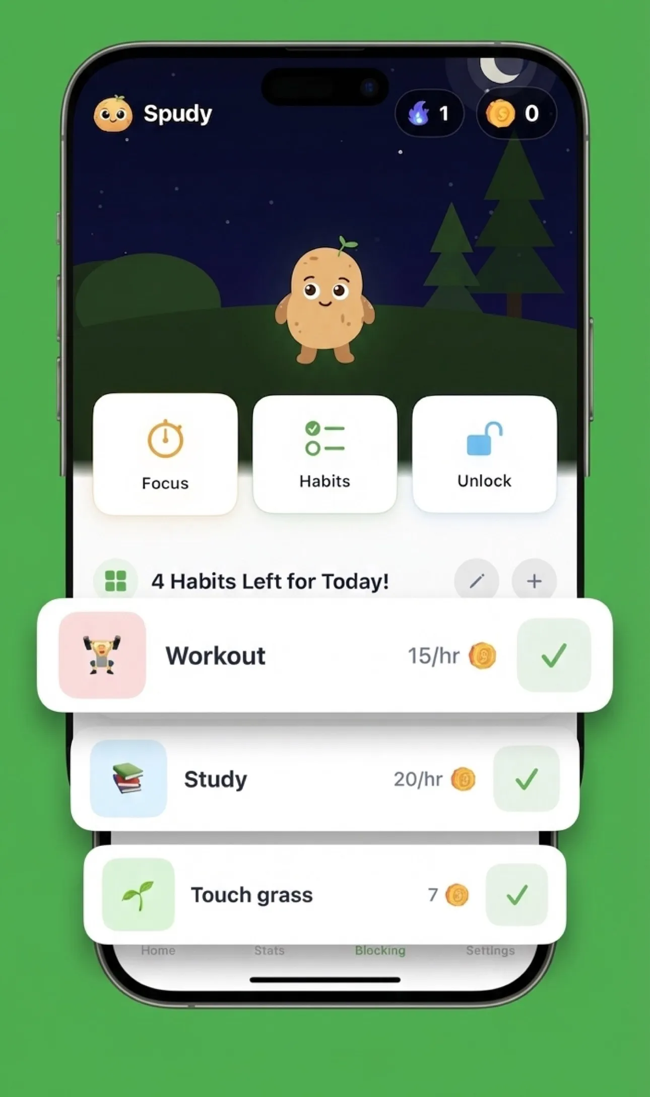 Do healthy things, earn gems — Spudy app